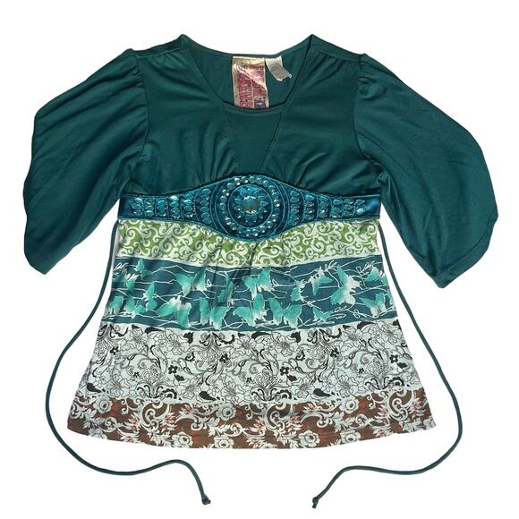 Fresh Brewed Girl 3/4 Sleeve Blouse for Girls, size L, Green Blue,Shining Stones - Picture 1 of 8